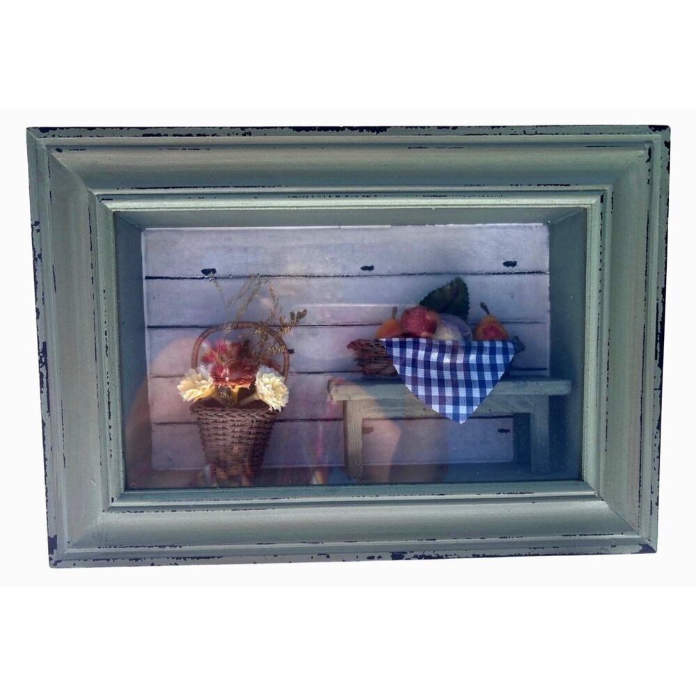 Rustic Shadow Box Wall Art, Mini Fruit Flower Display Green Frame Granny Cottage